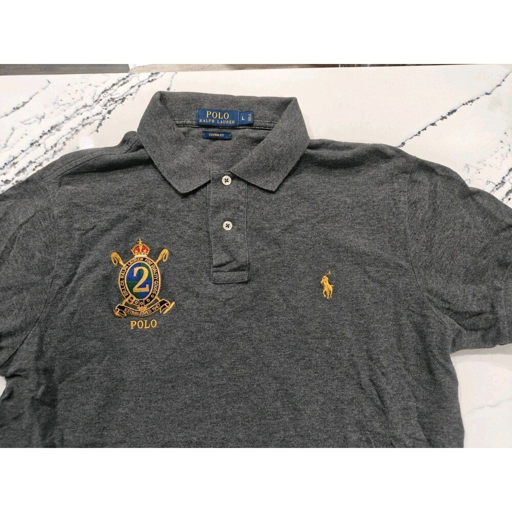 Polo Ralph Lauren Crest #2 Gray Custom Fit Short Sleeve Polo Shirt Men's Large